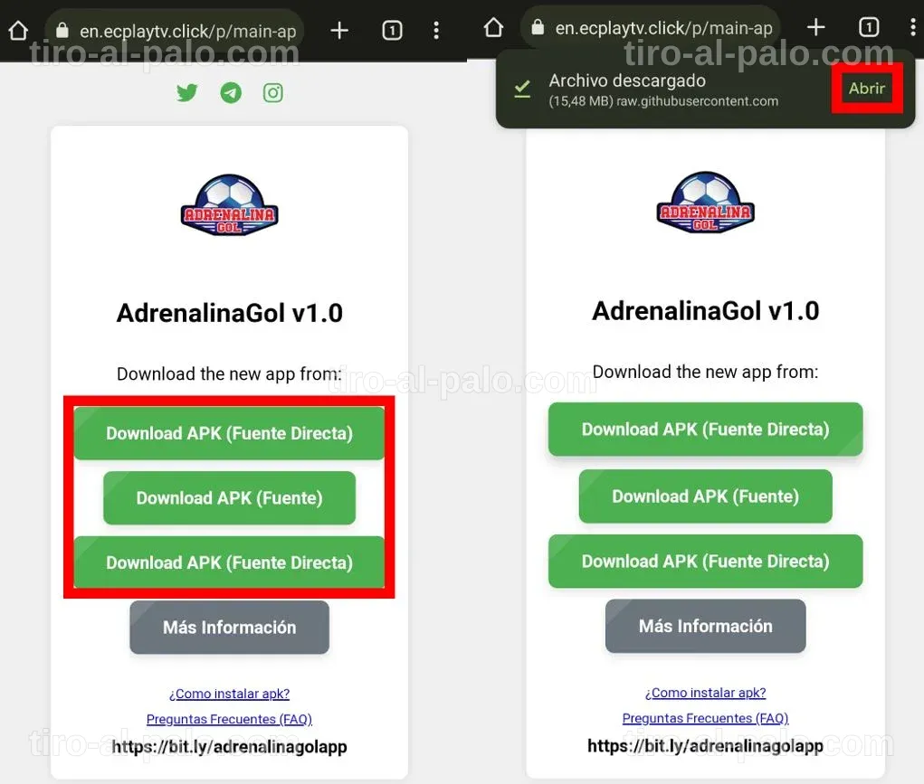 Pantalla de descarga de la aplicación Adrenalina Gol en un dispositivo móvil.