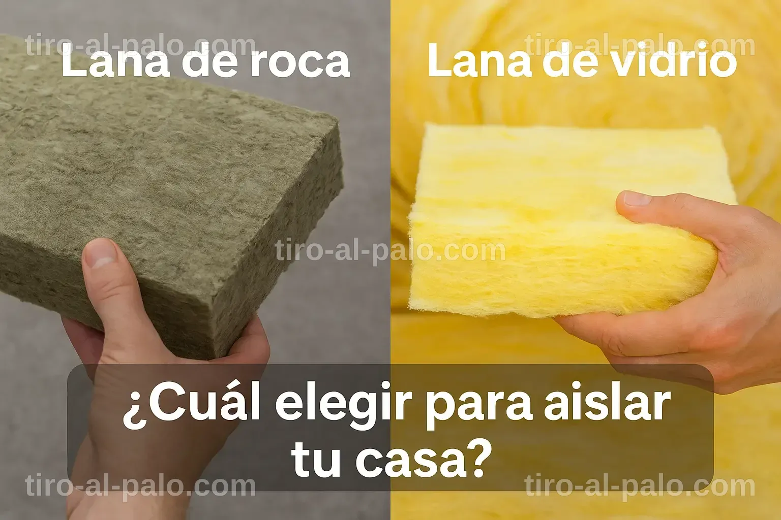 Comparativa visual de lana de roca y lana de vidrio destacando sus características.