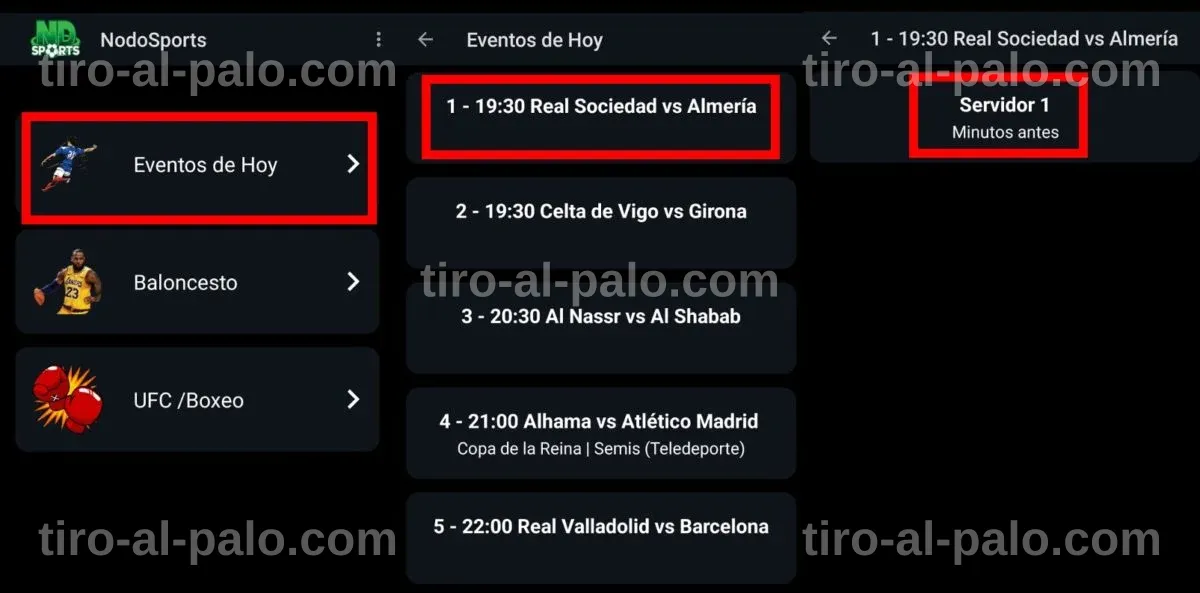 Pantalla de NodoSports con opciones de partidos de fútbol disponibles.