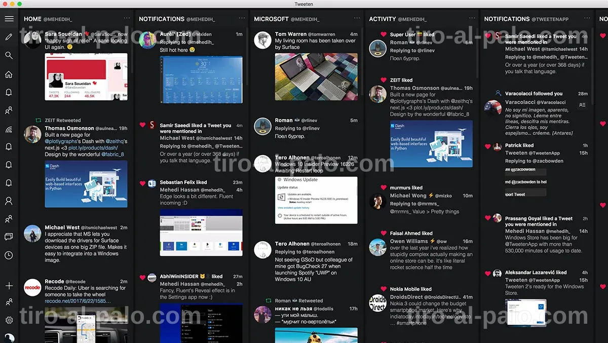 Múltiples cuentas de Twitter gestionadas en una aplicación de redes sociales.