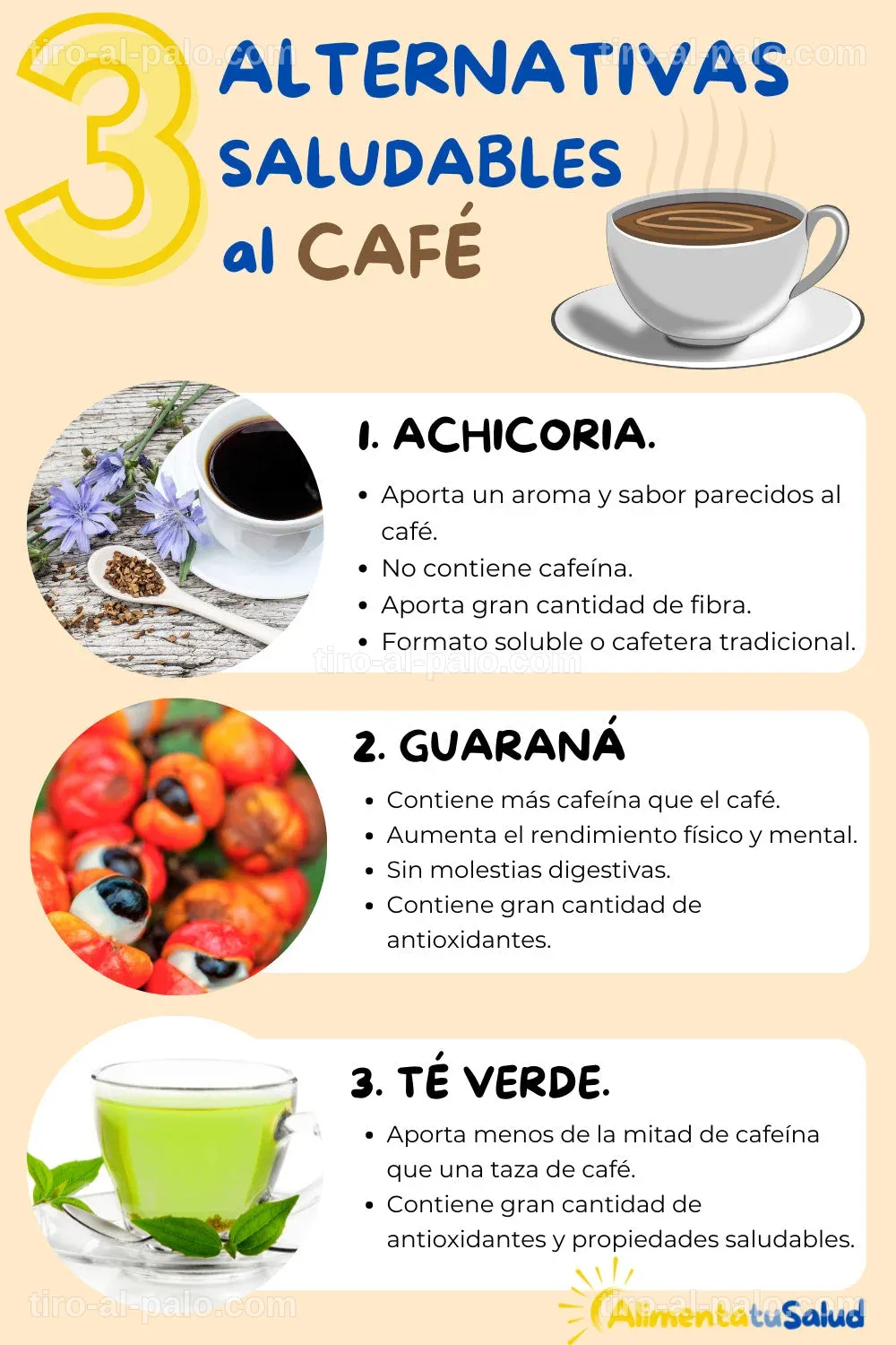 Tres bebidas saludables en vasos, algunas con cafeína.