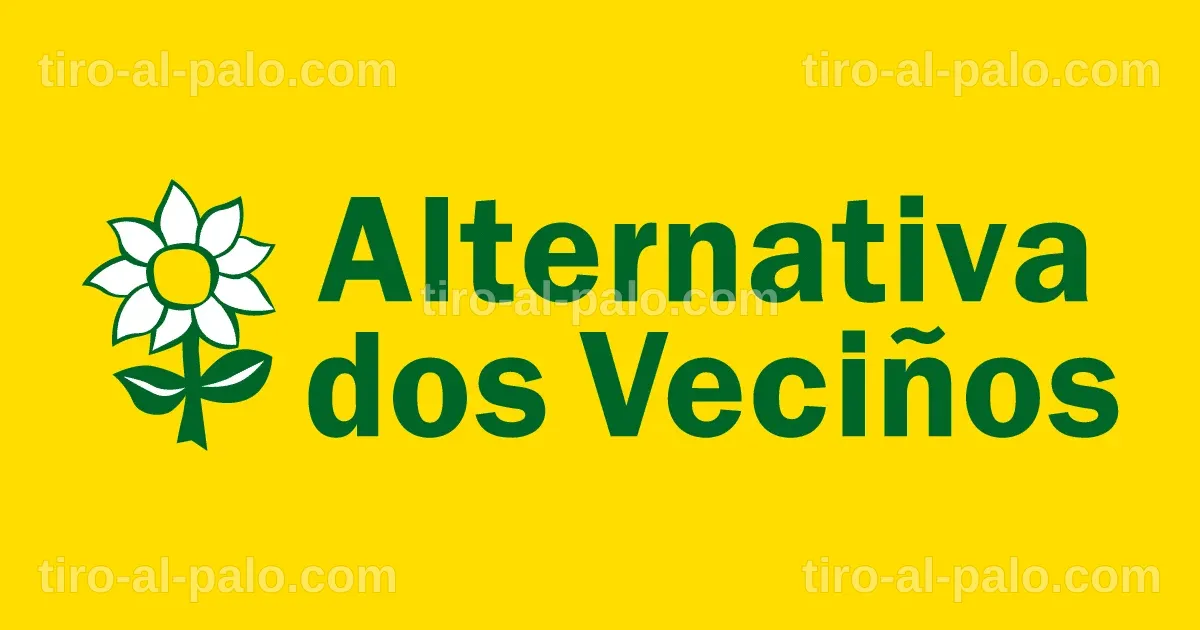 Logo de Alternativa dos Veciños exhibido en un evento político en Fisterra.