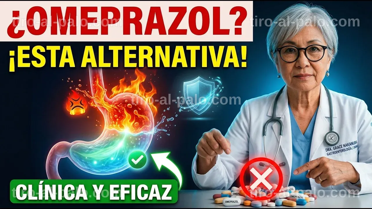 Infografía sobre el omeprazol, sus dosis y efectos secundarios destacados.