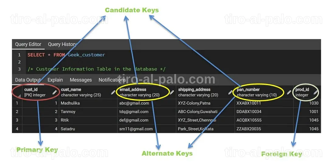 Captura de pantalla de un tutorial sobre claves alternativas en SQL.
