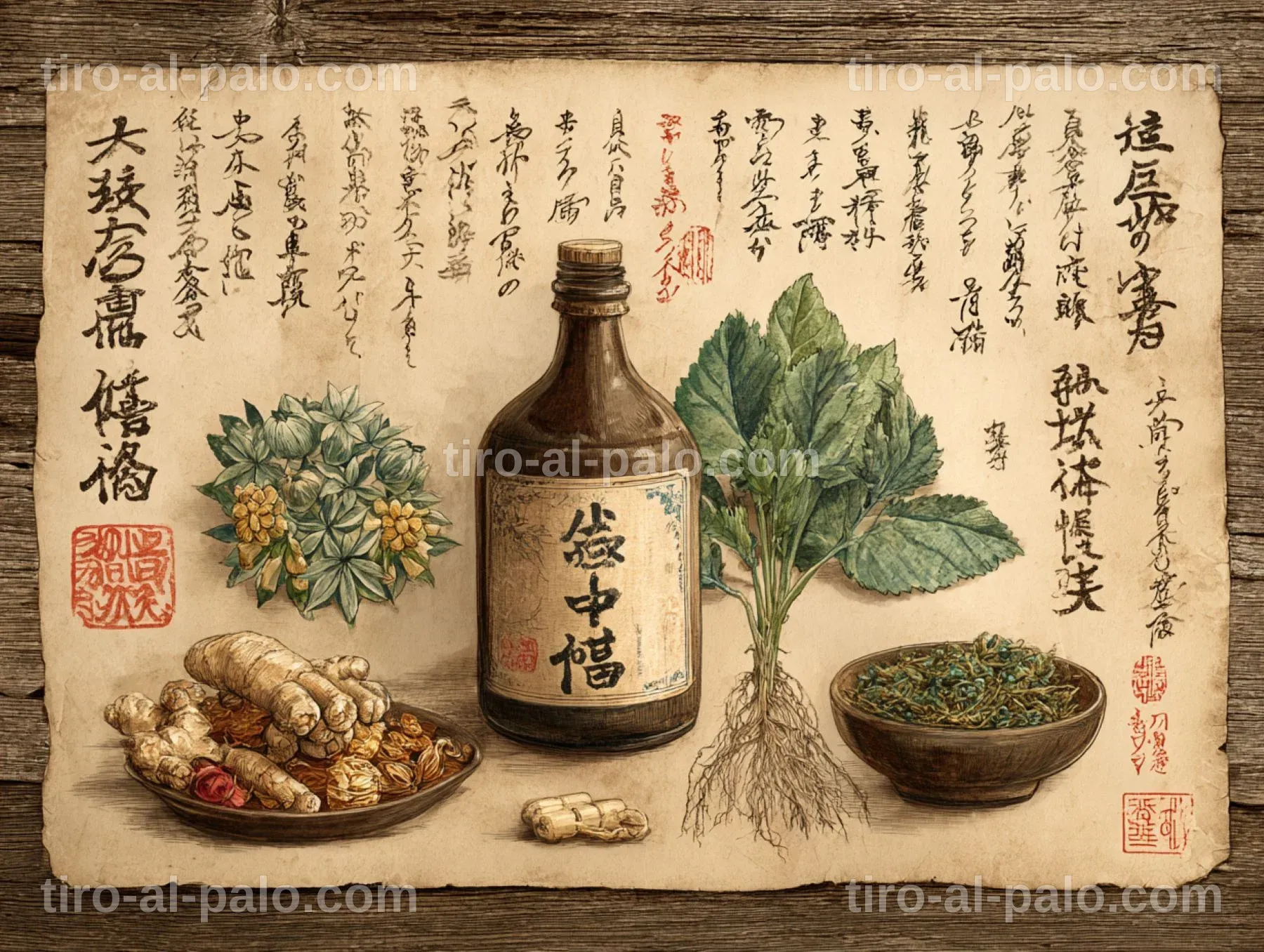 Ilustración que muestra la medicina Kampo combinando tradición y ciencia.
