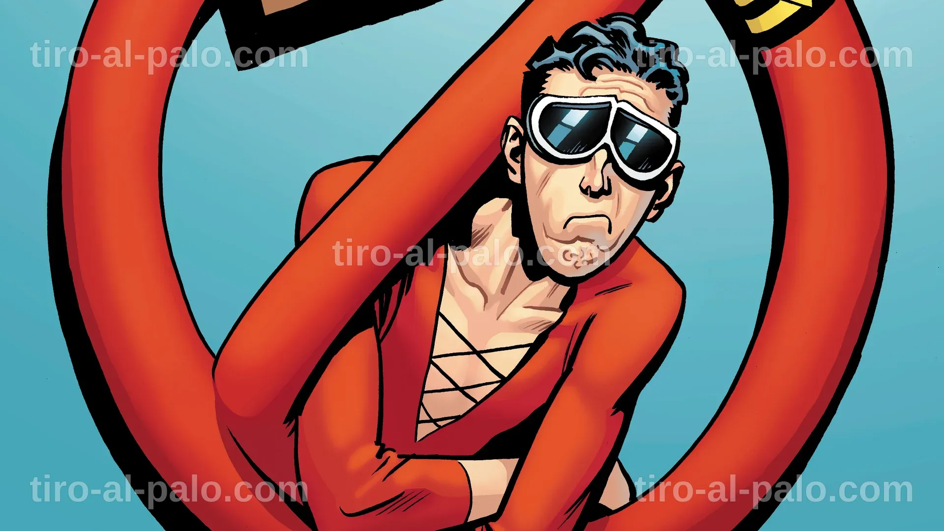 Plastic Man acechando a un vampiro en un ambiente de Halloween, con un toque oscuro y cómico.