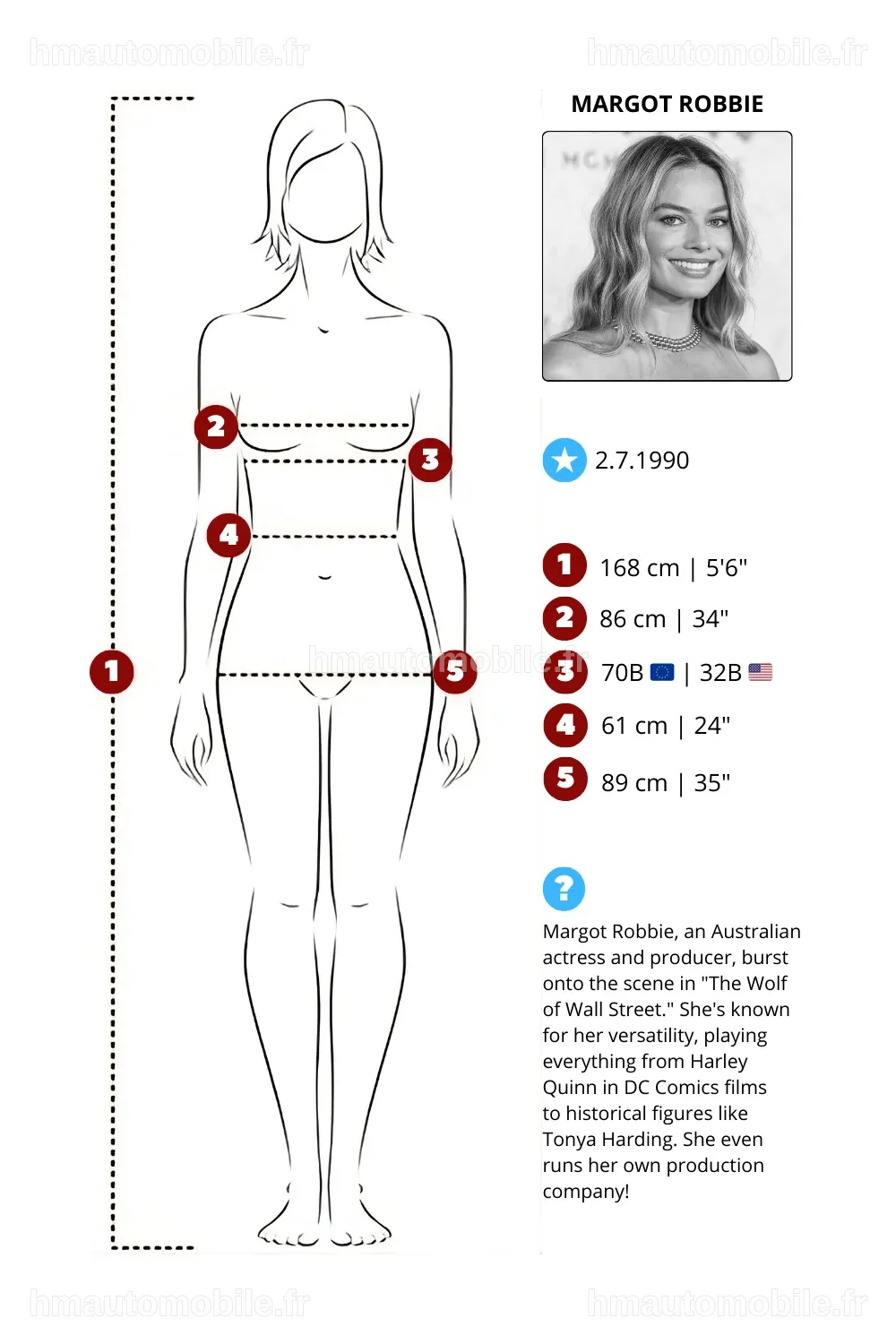 Margot Robbie souriante, révélant sa taille et son allure moderne.