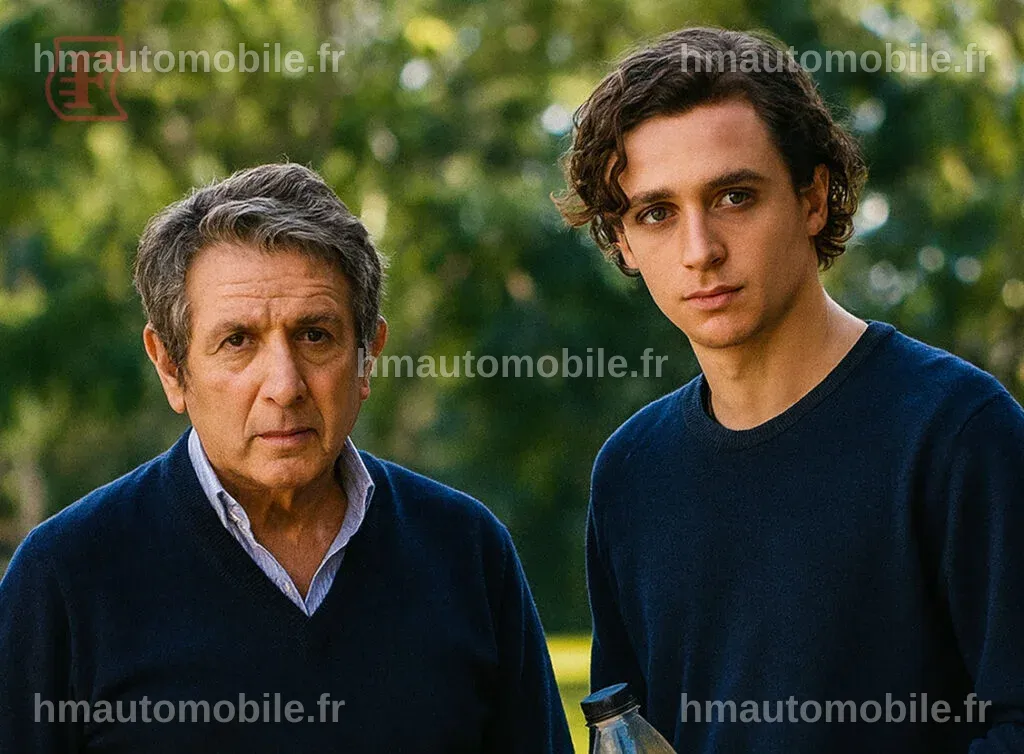 Richard Anconina discutant avec son fils dans un cadre décontracté.
