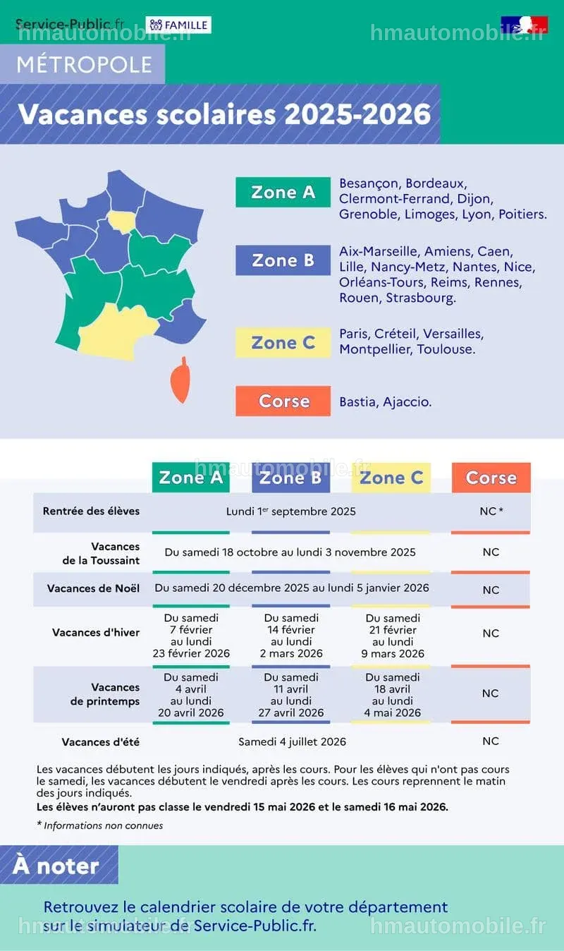 Calendrier des vacances scolaires 2025-2026 à Paris.