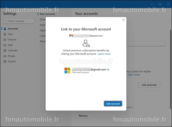 Interface utilisateur pour lier des comptes de messagerie non-Microsoft.