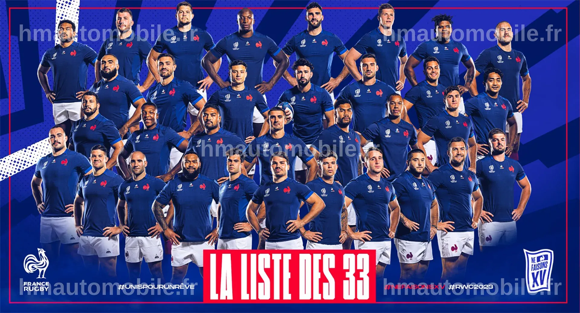 Les 33 joueurs sélectionnés du XV de France pour la Coupe du Monde 2023.